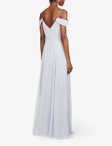 Jenny Yoo Priya Off The Shoulder Long Chiffon Gown Dress Whisper Blue Light Grey