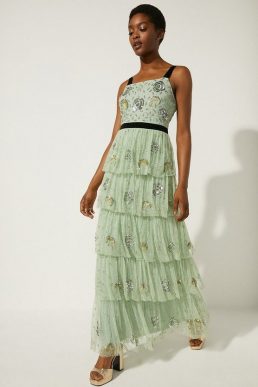 Tiered floral embroidered mesh best sale midi dress