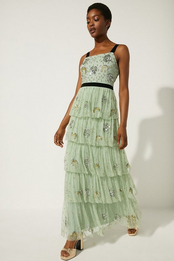 Oasis Oasis Velvet Trim Embellished Tiered Maxi Dress, Sage Green - Dresses