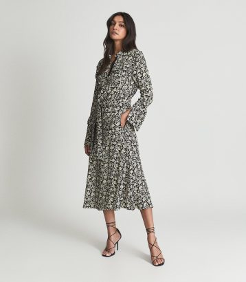 Reiss Micah Floral Printed Midi Dress Black Cream