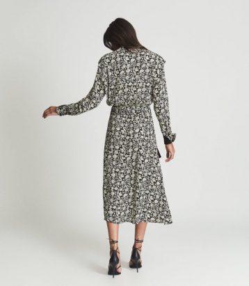 Reiss Micah Floral Printed Midi Dress Black Cream