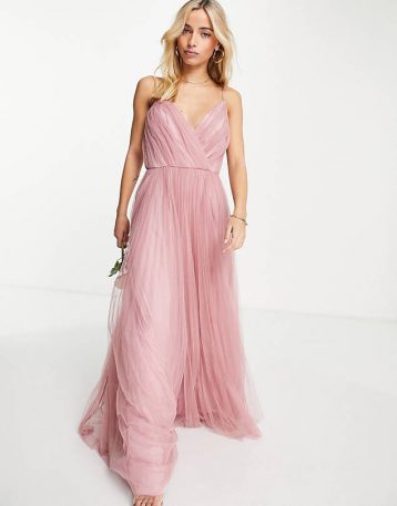 ASOS DESIGN Bridesmaid cami pleated tulle maxi dress in rose pink blush