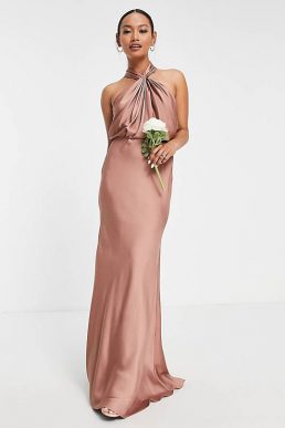 ASOS DESIGN Bridesmaid ruched waist maxi dress long sleeves pleat skirt  olive green 