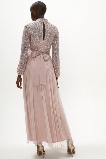 Coast High Neck Sequin Bodice Maxi Dress Blush pink