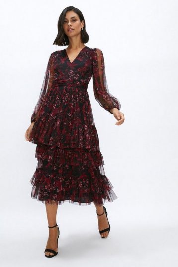 Coast Printed Mesh Tiered Long Sleeve Midi Dress Purple Multi