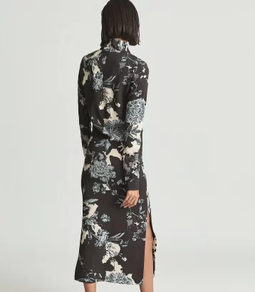 Reiss Theresa Floral Print High Neck Midi Dress Blue Multi