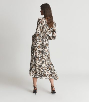 Reiss Bobby floral printed midi dress Brown Cream Neutral