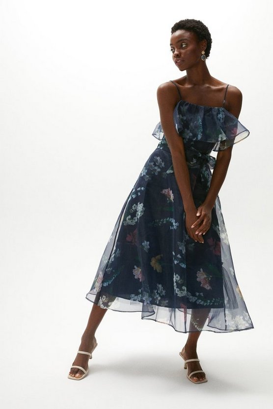 Floral Ruffle Bodice Organza Midi Dress