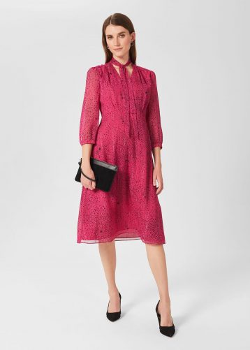 Hobbs Maxine Long Sleeve Print Neck Tie Dress Pink Black