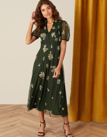 Monsoon Lauren embellished tea dress green