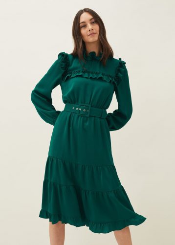 Phase Eight Olive Frill Tiered Dress Green