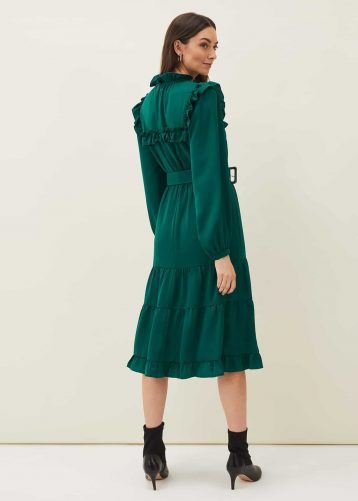 Phase Eight Olive Frill Tiered Dress Green