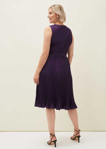 Phase Eight Primrose Pleated V-Neck Dress Aubergine Purple