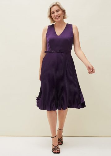 Phase Eight Primrose Pleated V-Neck Dress Aubergine Purple