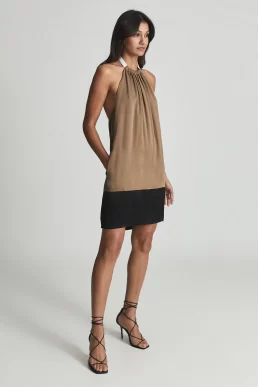 Reiss Pascal Halterneck Satin Mini Dress Caramel Brown