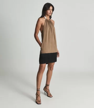 Reiss Pascal Halterneck Satin Mini Dress Caramel Brown