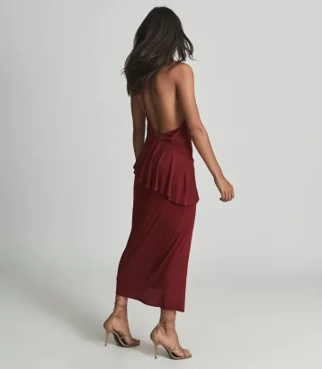 Reiss Xena Strappy Open Back Cocktail Dress Dark Red