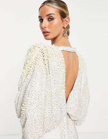 ASOS EDITION embellished pearl batwing sleeve maxi bridal dress Ivory