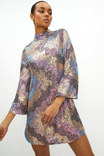 Coast 70s Sequin High Neck Shift Dress Pink Multi