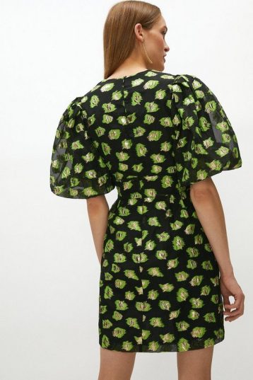 Coast Animal Jacquard Puff Sleeve Mini Dress Black Green