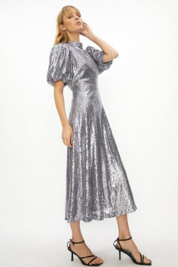 Coast Sequin Puff Sleeve Open Back Midi Dress Silver