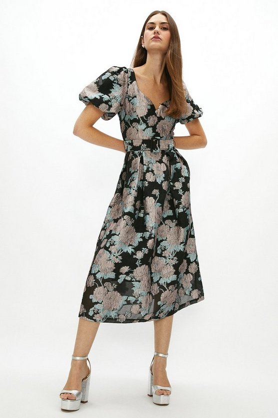 Puff Sleeve Notch Neck Midi Dress