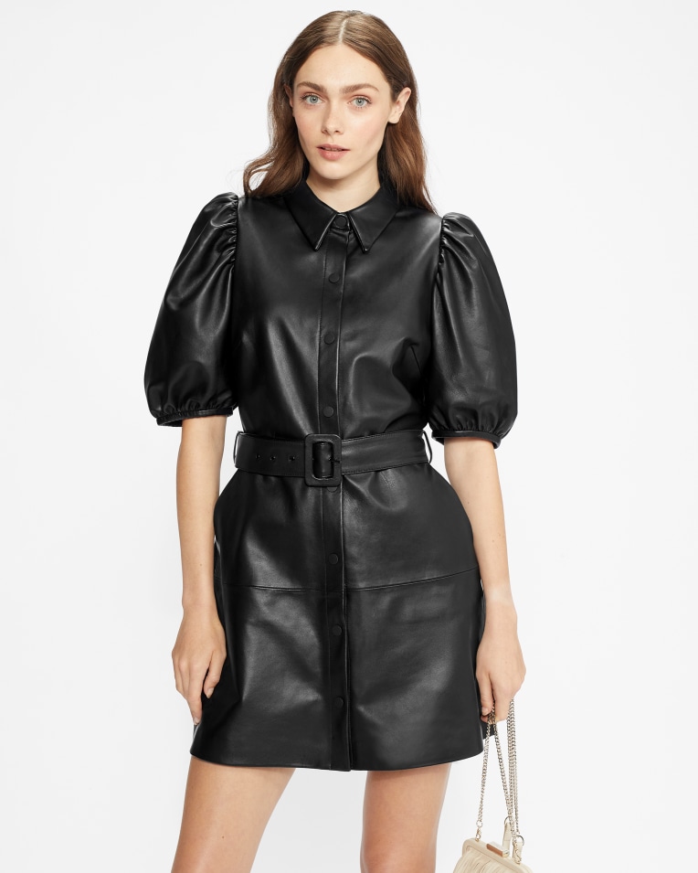 CHRISEE Puff Sleeve Leather Shirt Dress £375 £225