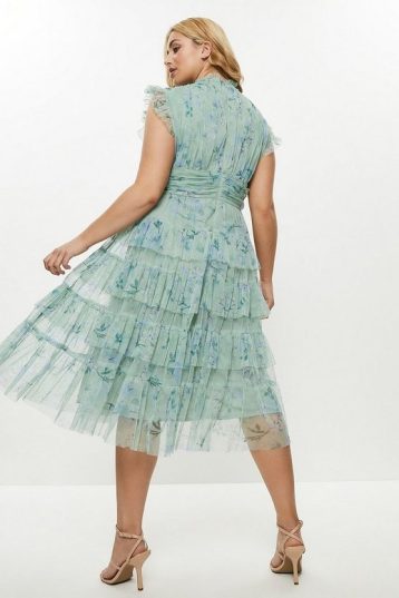 Coast Curve Tulle Tiered Frill Sleeve Dress Green Multi