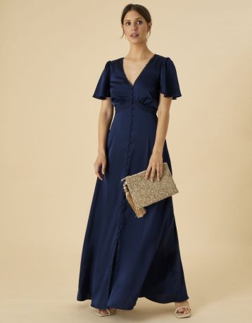 Monsoon Ivy satin lace maxi bridesmaid dress navy blue