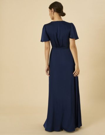 Monsoon Ivy satin lace maxi bridesmaid dress navy blue