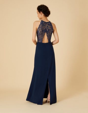 Monsoon Kiki lace back crepe maxi bridesmaid dress navy blue