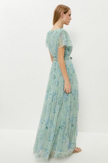 Coast Printed Tulle V-neck Tie Belt Maxi Bridesmaid Dress Green Multi