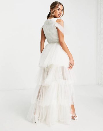 Lace & Beads Bridal plunge tulle maxi dress in ivory