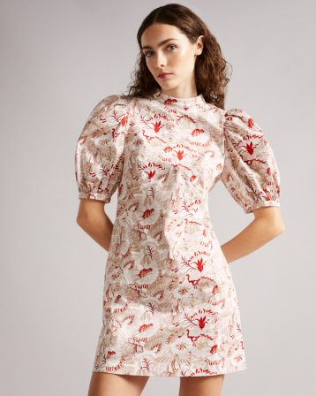 Ted Baker NADDIA Retro Flood Printed Puff Sleeve Mini Dress Red Beige