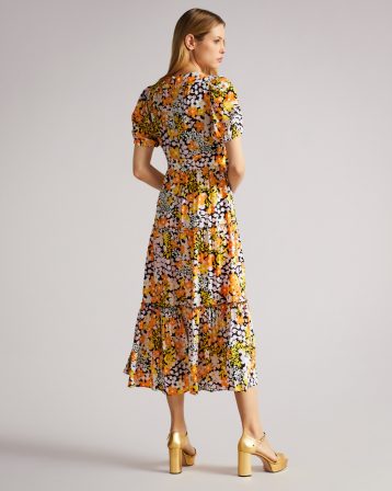 Ted Baker SAFIREE New World Printed Tiered Midi Dress Yellow White Multi