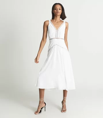 Reiss Alberta Lace Trim Midi Dress White