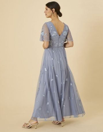 Bree embroidered shorter length bridesmaid dress in recycled polyester blue