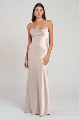 Celestielle | Champagne Cowl Neck Satin Maxi Dress