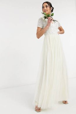 Maya v neck maxi tulle dress with contrast outlet tonal delicate sequins in navy