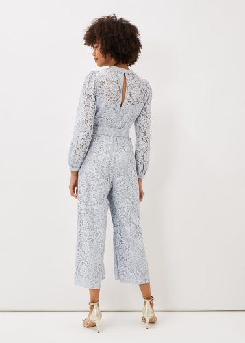 Phase Eight Monroe Belted Lace Wide Leg Jumpsuit, Sky Blue 