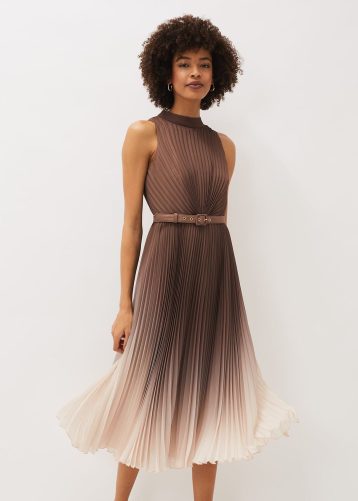 Phase Eight Simara Ombre Pleated Halterneck Dress Espresso Brown Nude