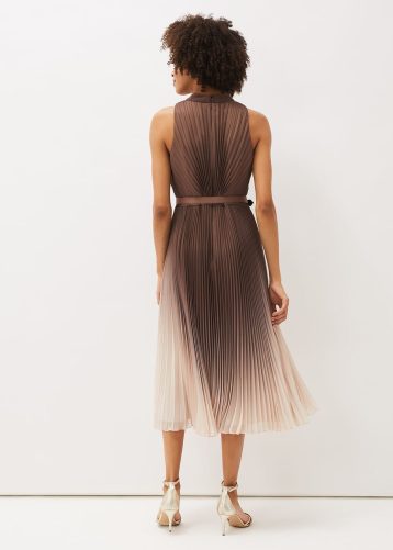 Phase Eight Simara Ombre Pleated Halterneck Dress Espresso Brown Nude