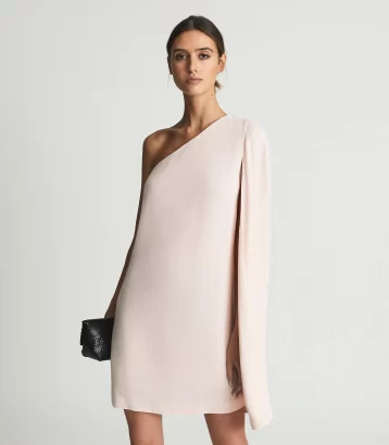 Reiss Samantha Cape-One Shoulder Mini Dress Nude Pink Cream