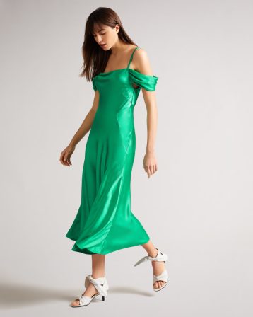 Ted Baker ESTA Cold Shoulder Cowl Front Midi Slip Dress Green