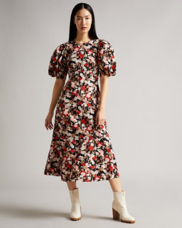 Ted Baker HELGI Printed Floral Seersucker Midi Dress Black Red Multi