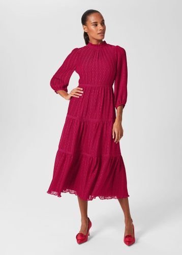 Hobbs Colette Tiered Fit And Flare Dress Cerise Pink