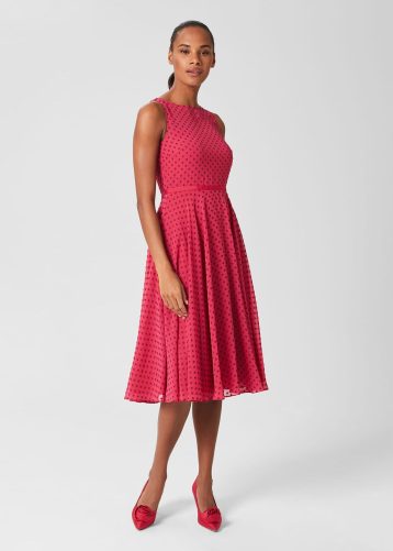 Hobbs Della Spot Fit And Flare Dress Fuchsia Pink