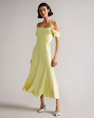 Ted Baker ESTA Cold Shoulder Cowl Front Midi Slip Dress Light Yellow