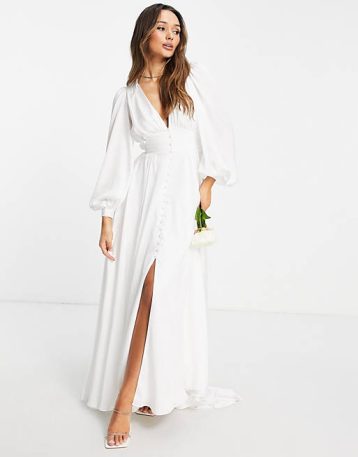 ASOS EDITION Alyssa satin wedding dress with blouson sleeve and button front Ivory