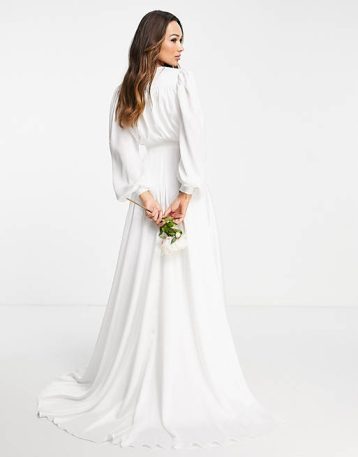 ASOS EDITION Alyssa satin wedding dress with blouson sleeve and button front Ivory